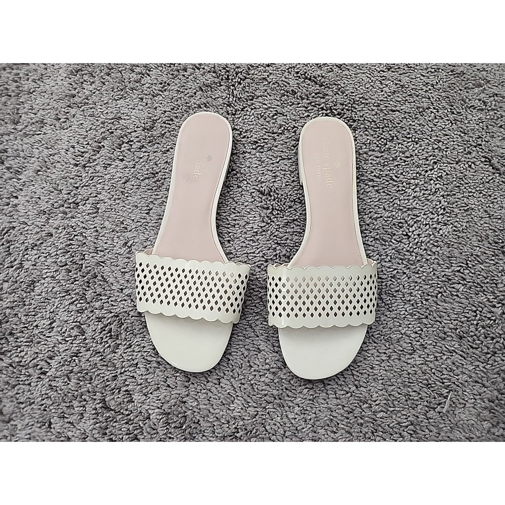 Kate Spade Sandals Women 9B Cream Scalloped Perforated Laser Cut Slides Flat